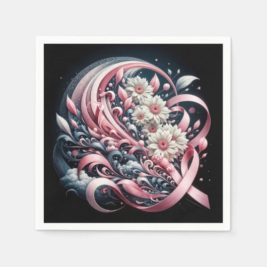 ピンクリボンとデイジーブーケ スタンダードカクテルナプキン (正面)