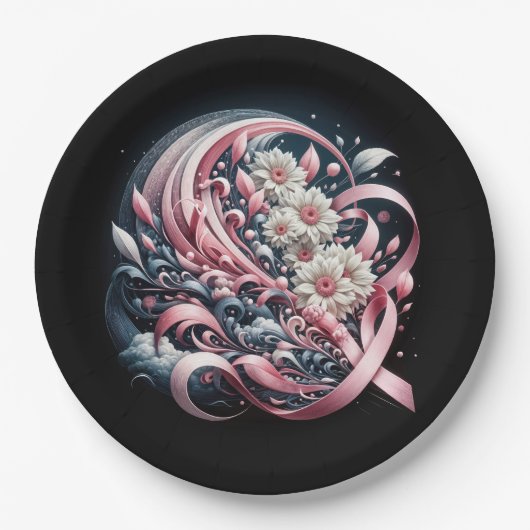 ピンクリボンとデイジーブーケ ペーパープレート (正面)