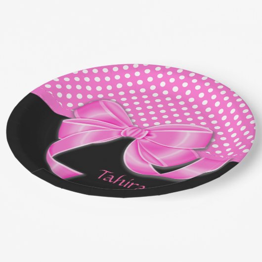 ピンクリボンと水玉模様 ペーパープレート (アングル)