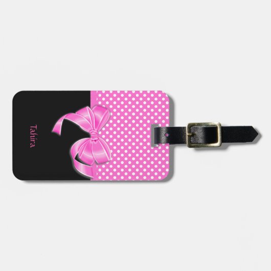 ピンクリボンと水玉模様 ラゲッジタグ (正面横)
