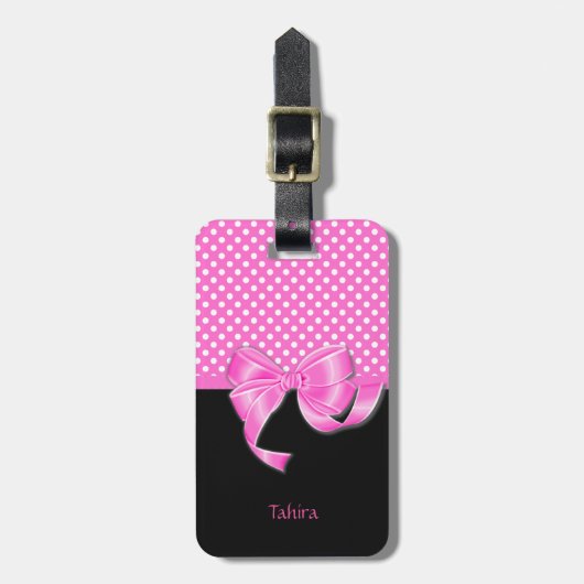 ピンクリボンと水玉模様 ラゲッジタグ (正面縦)