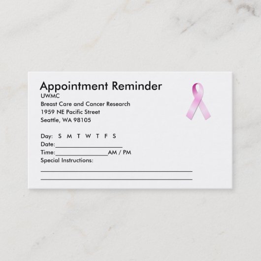 ピンクリボンアポイントメントアラーム 予約カード (正面)