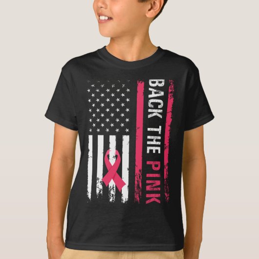 ピンクリボンアメリカ国旗の乳がん患者 Tシャツ (正面)