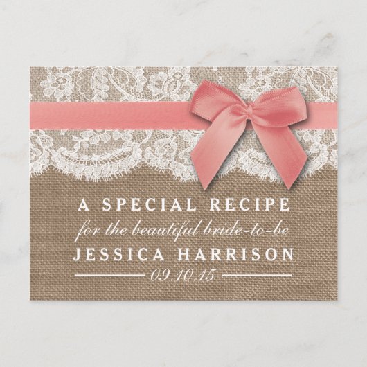 ピンクリボンオンバーラップ&レースブライダルシャワーレシピ インビテーションポストカード (正面)