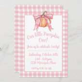 ピンクリボンカボチャ、ギンガムピンクの女の子の秋弓 招待状 (正面/裏面)