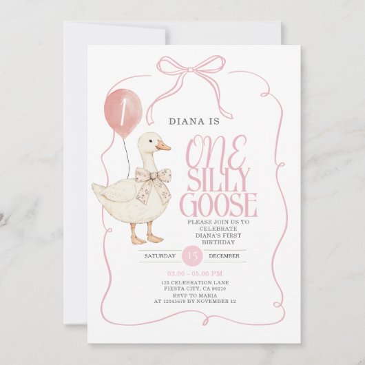 ピンクリボンギンガムワン間抜けガチョウ誕生日 招待状 (正面)