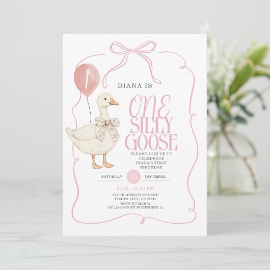 ピンクリボンギンガムワン間抜けガチョウ誕生日 招待状 (スタンド正面)