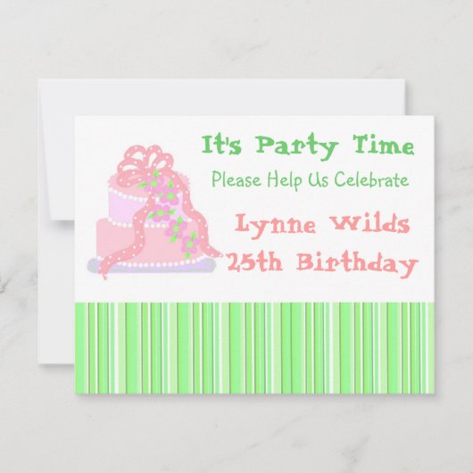 ピンクリボンケーキ誕生日招待状 招待状 (正面)