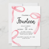 ピンクリボンコケファンシーットボウ14th女の子誕生日 招待状 (正面)