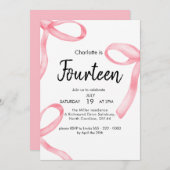 ピンクリボンコケファンシーットボウ14th女の子誕生日 招待状 (正面/裏面)