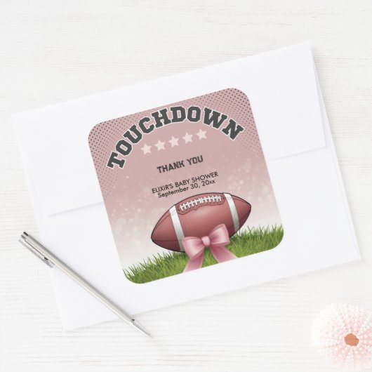 ピンクリボンサッカータッチダウン赤ちゃんシャワー スクエアシール (封筒)