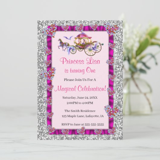 ピンクリボンシルバーグリッター王室のプリンセス誕生日 招待状 (スタンド正面)