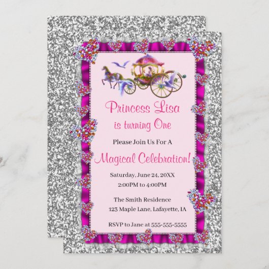 ピンクリボンシルバーグリッター王室のプリンセス誕生日 招待状 (正面/裏面)