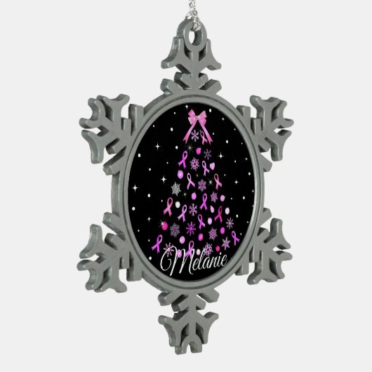 ピンクリボンスノーフレーククリスマスツリー スノーフレークピューターオーナメント (左)