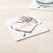 ピンクリボンハートとバラ スクエアペーパーコースター (アングル)