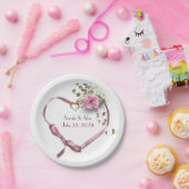 ピンクリボンハートとバラ ペーパープレート (パーティー)