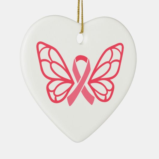 ピンクリボンバタフライウイングパーソナルハート形 セラミックオーナメント (右)