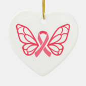 ピンクリボンバタフライウイングパーソナルハート形 セラミックオーナメント (正面)