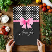 ピンクリボンブラック&ホワイト水玉模様名 キッチンタオル