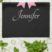 ピンクリボンブラック&ホワイト水玉模様名 キッチンタオル (折り畳み)