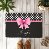 ピンクリボンブラック&ホワイト水玉模様名 ドアマット