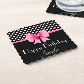 ピンクリボンブラック&ホワイト水玉模様誕生日 ペーパーコースター (アングル)