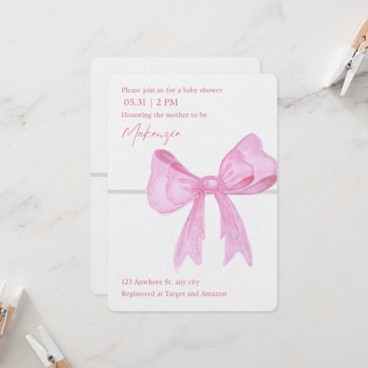 ピンクリボンベビーシャワー招待状 招待状 (正面/裏面インサイチュ)