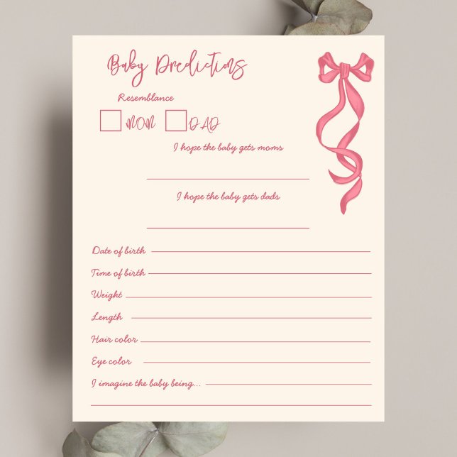 ピンクリボンベビー予測及びアドバイスゲームカード (Pink ribbon baby prediction and advice game card baby shower games scribble hand drawn vintage bow )