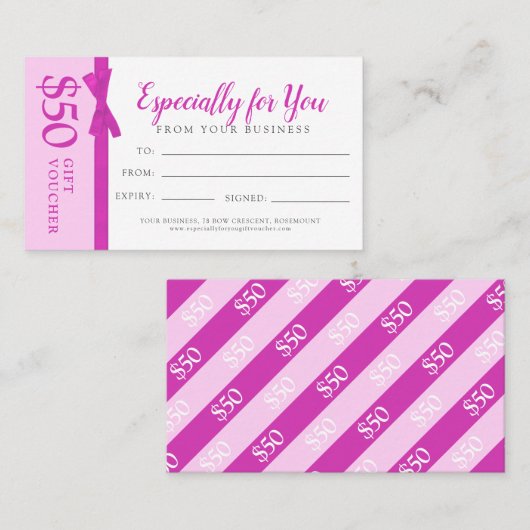 ：ピンクリボンボウビジネスギフト50ドルのギフト券 割引カード (正面/裏面)