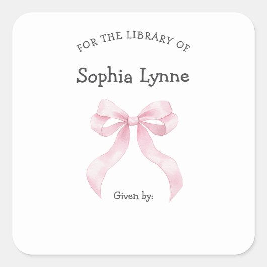 ピンクリボンボーガールベビーシャワー蔵書票 スクエアシール (正面)