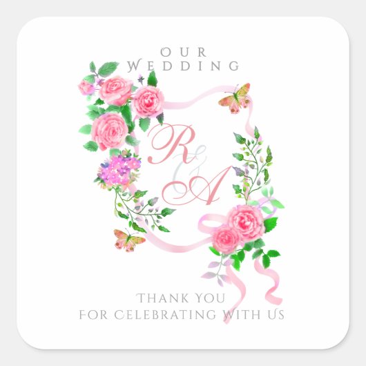 ピンクリボンモノグラム結婚ズ スクエアシール (正面)