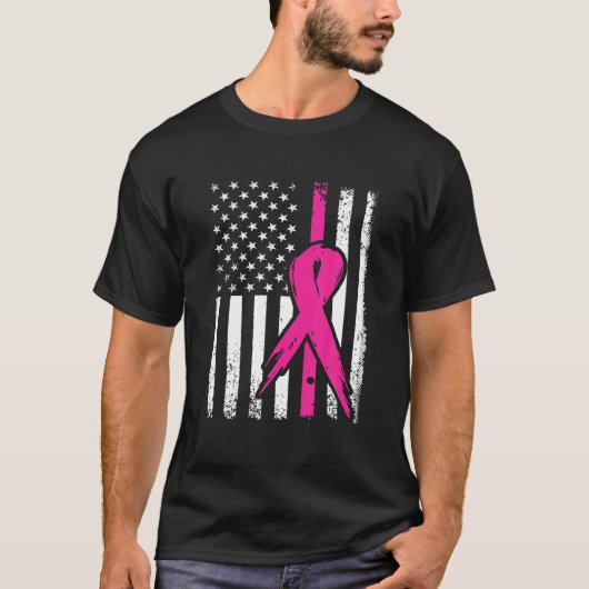 ピンクリボン乳がん認識度米国国旗 Tシャツ (正面)