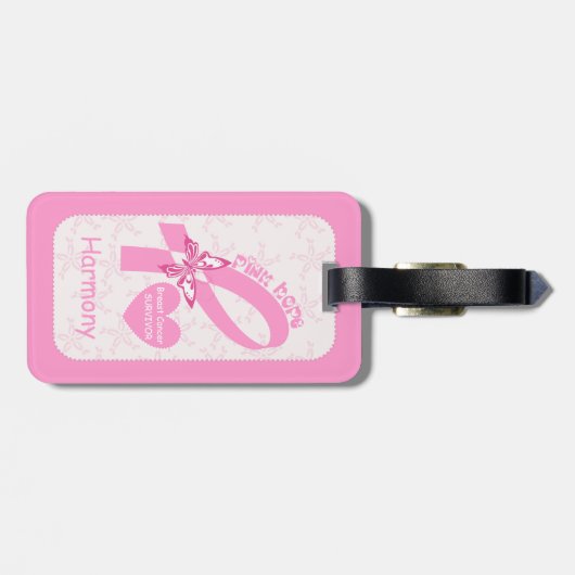ピンクリボン乳癌の生存者とピンク縁ど ラゲッジタグ (裏面横)