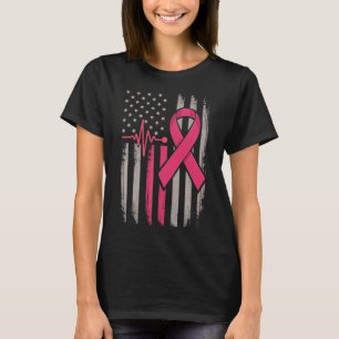 ピンクリボン付きアメリカ国旗ディストressed乳がんデザイン tシャツ