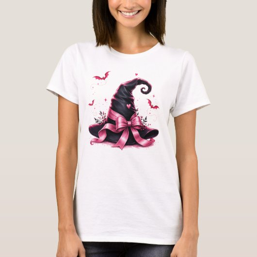 ピンクリボン魔女帽子 乳がん啓発 Tシャツ (正面)