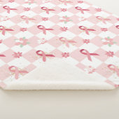 ピンクリボン＆フラワーチェック柄 シェルパブランケット (3/4)