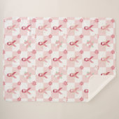 ピンクリボン＆フラワーチェック柄 シェルパブランケット (正面(横))