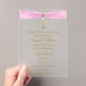 ピンクリボン&金ゴールドクロスバプテスマ アクリル招待状 (インサイチュ (ポータブル))