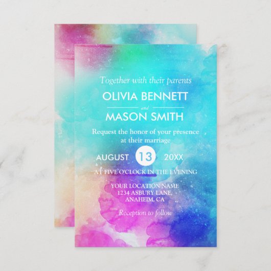 ピンクリモダンーフ水彩結婚式招待状 招待状 (正面/裏面)