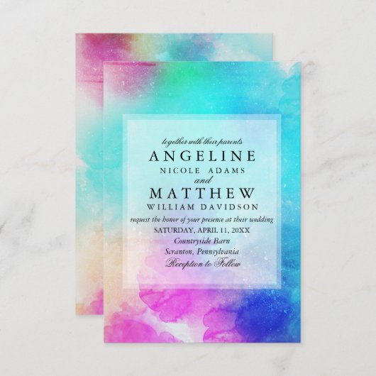 ピンクリモダンーフ水彩結婚式招待状 招待状 (正面/裏面)