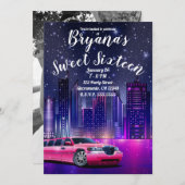 ピンクリモリムジンシティスウィート16誕生日写真 招待状 (正面/裏面)