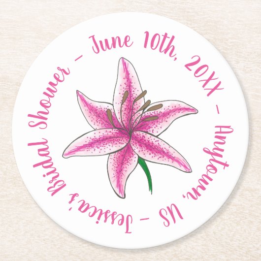 ピンクリリライスフラワーフローラパーソナライズされたブライダル ラウンドペーパーコースター (正面)