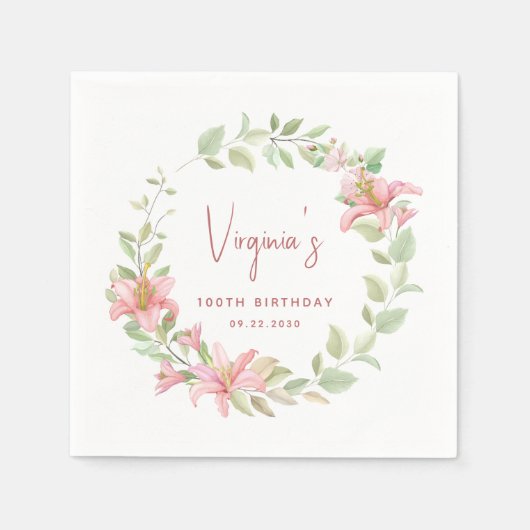 ピンクリリーウォーターフローラ100誕生日 スタンダードカクテルナプキン (正面)