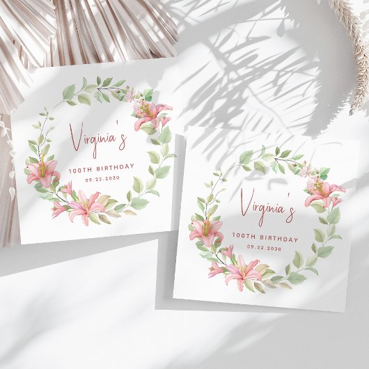 ピンクリリーウォーターフローラ100誕生日 スタンダードカクテルナプキン