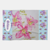 ピンクリリーフラワーウォーターカラーフローラレディスネーム  キッチンタオル (横)
