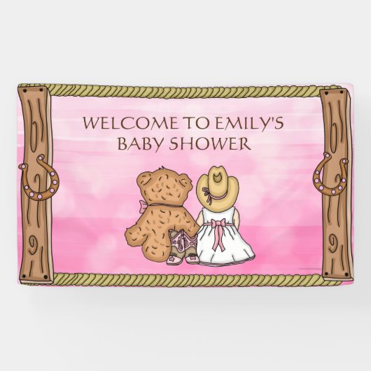 ピンクリル女性のカーボーイパーソナライズされたベビーシャワー 横断幕 (横)