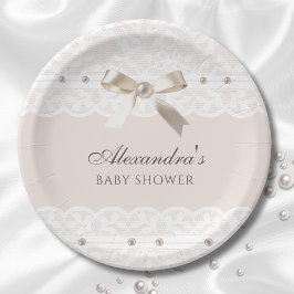 ピンクリージェンシーパールサテンボウレースベビーシャワー ペーパープレート