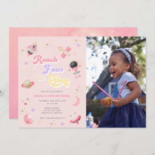 ピンクリーチフォーザスターズ4th誕生日招待状 招待状 (正面/裏面)
