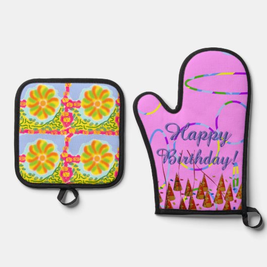 ピンクループフェスティバルハッピーバースデー 鍋つかみ&鍋敷きセット (正面)