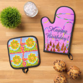 ピンクループフェスティバルハッピーバースデー 鍋つかみ&鍋敷きセット (トップダウン)